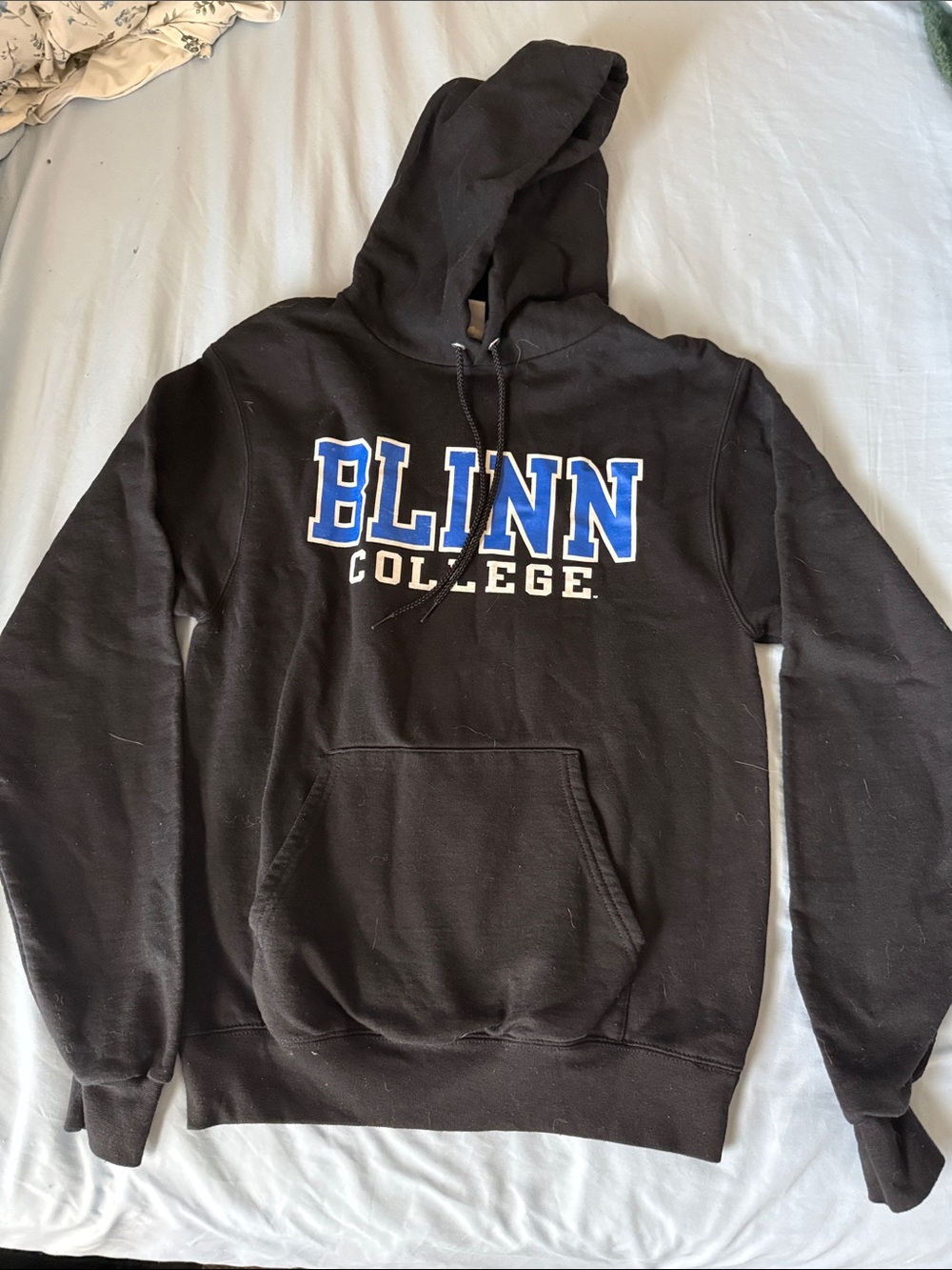 Champion Black Hooded Sweatshirt with Blue & White Collegiate Logo